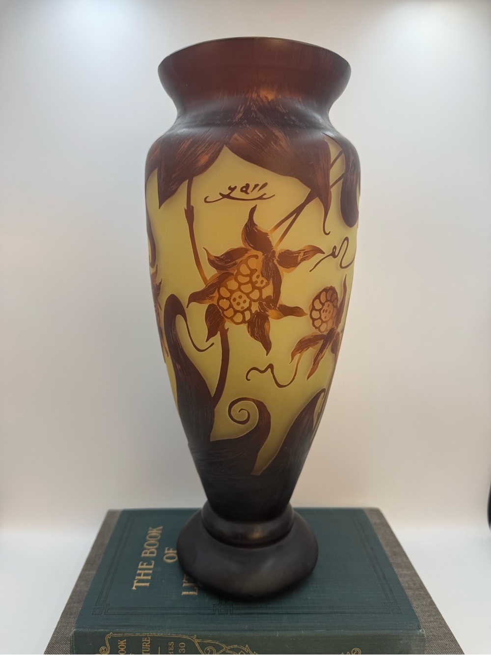 Art Nouveau Bombay Emile Galle 14” inch Floral Cameo Glass Vase Reproduction